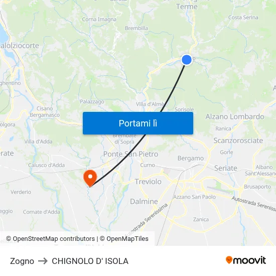 Zogno to CHIGNOLO D' ISOLA map