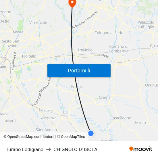 Turano Lodigiano to CHIGNOLO D' ISOLA map