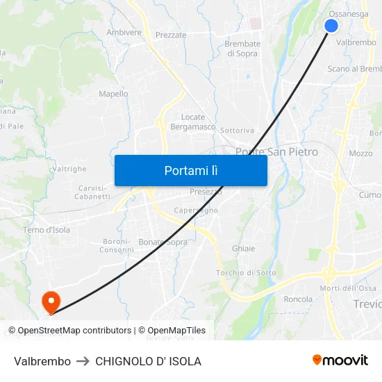Valbrembo to CHIGNOLO D' ISOLA map