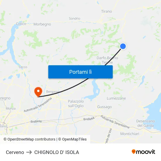 Cerveno to CHIGNOLO D' ISOLA map