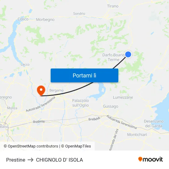 Prestine to CHIGNOLO D' ISOLA map