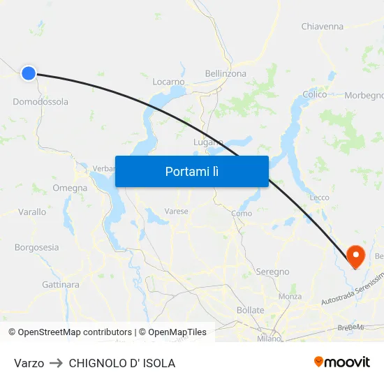 Varzo to CHIGNOLO D' ISOLA map