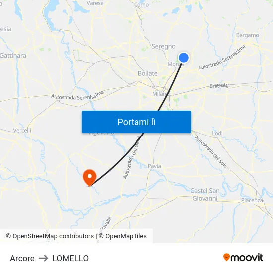 Arcore to LOMELLO map