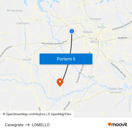 Canegrate to LOMELLO map