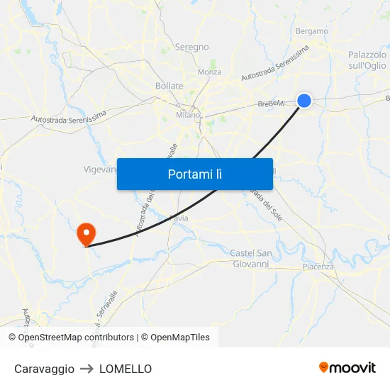 Caravaggio to LOMELLO map