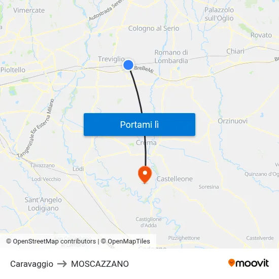 Caravaggio to MOSCAZZANO map