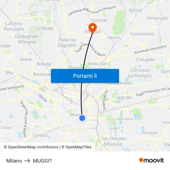 Milano to MUGGI? map