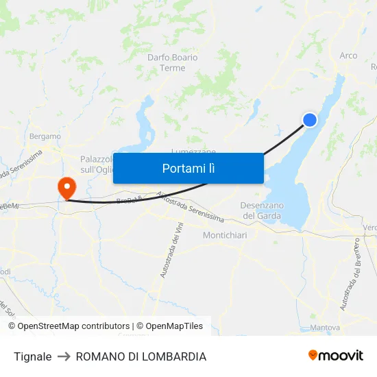 Tignale to ROMANO DI LOMBARDIA map