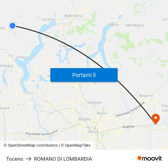 Toceno to ROMANO DI LOMBARDIA map