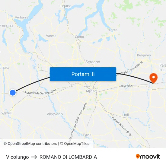 Vicolungo to ROMANO DI LOMBARDIA map