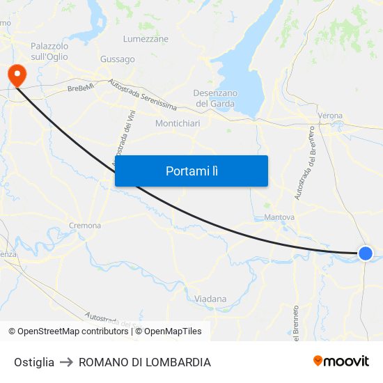 Ostiglia to ROMANO DI LOMBARDIA map