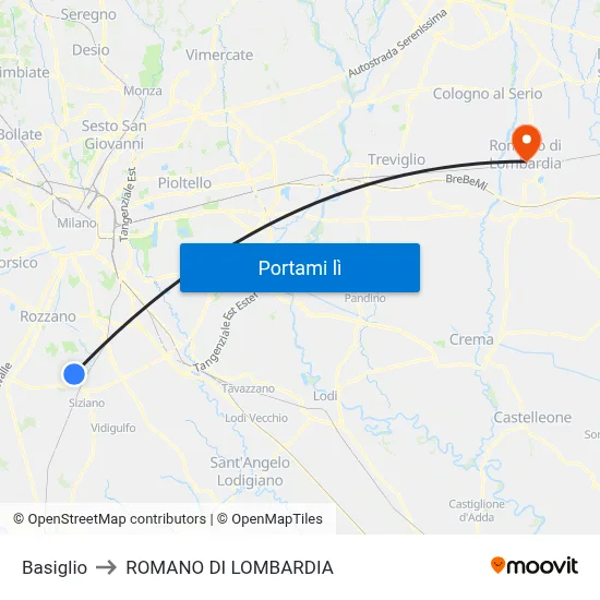 Basiglio to ROMANO DI LOMBARDIA map