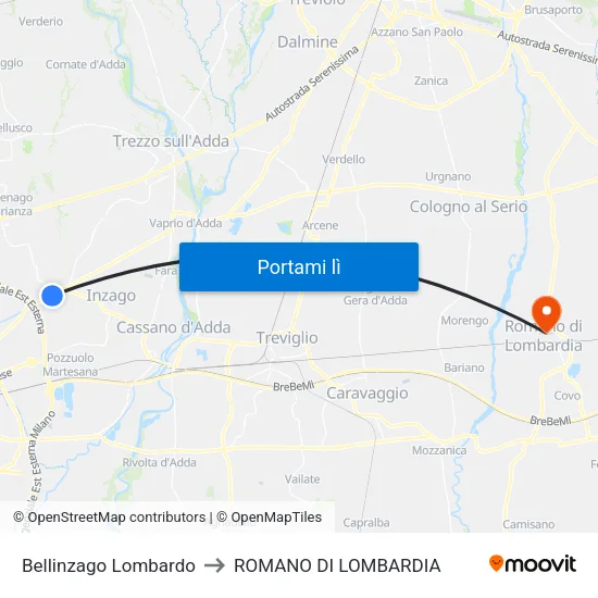 Bellinzago Lombardo to ROMANO DI LOMBARDIA map