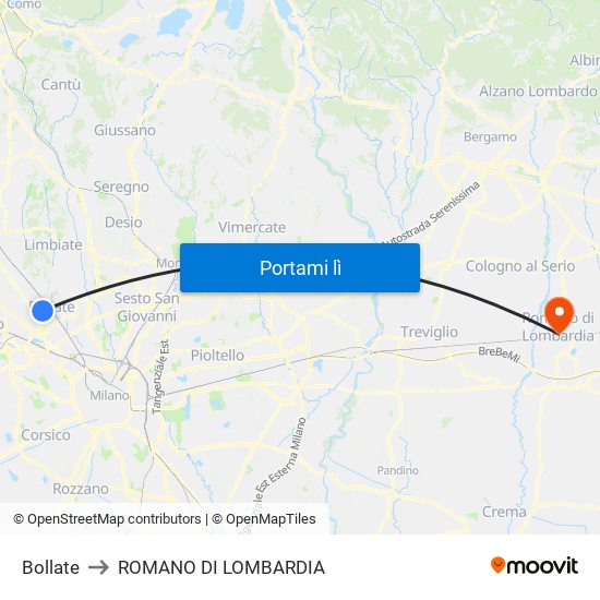 Bollate to ROMANO DI LOMBARDIA map