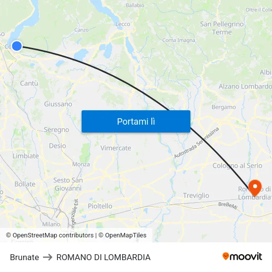 Brunate to ROMANO DI LOMBARDIA map