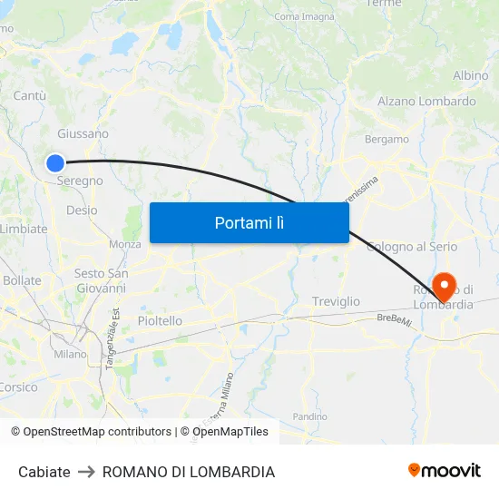 Cabiate to ROMANO DI LOMBARDIA map