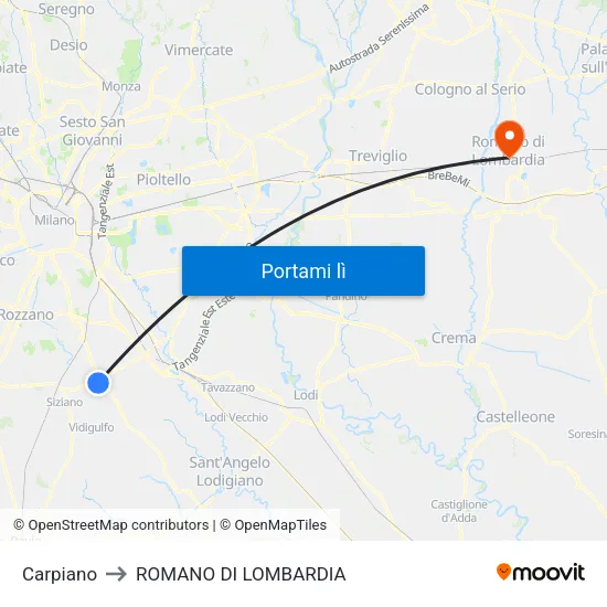 Carpiano to ROMANO DI LOMBARDIA map