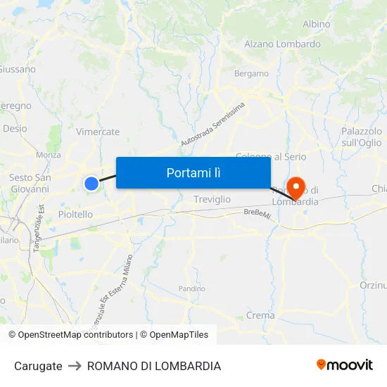 Carugate to ROMANO DI LOMBARDIA map