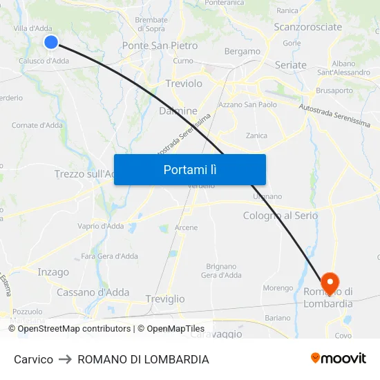 Carvico to ROMANO DI LOMBARDIA map