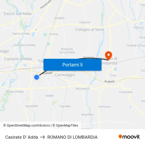 Casirate D' Adda to ROMANO DI LOMBARDIA map