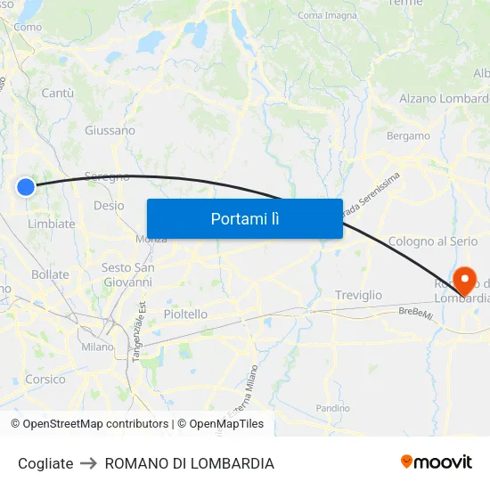 Cogliate to ROMANO DI LOMBARDIA map