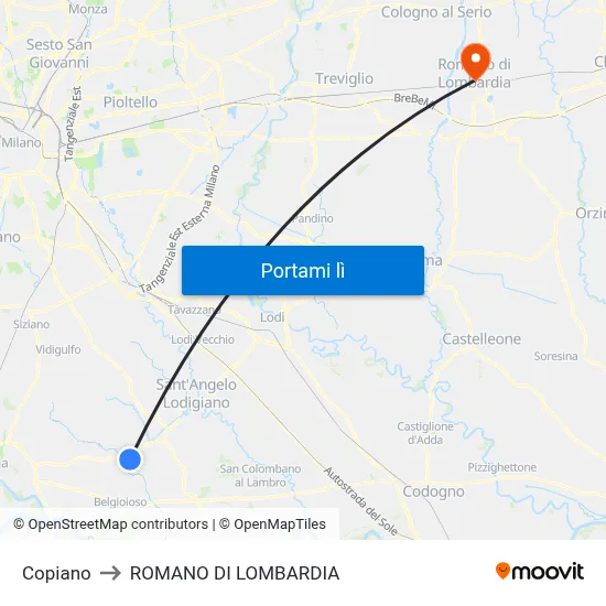 Copiano to ROMANO DI LOMBARDIA map