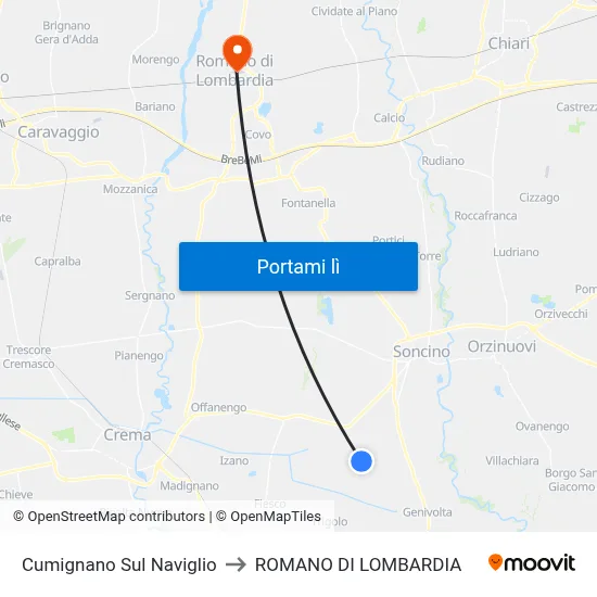 Cumignano Sul Naviglio to ROMANO DI LOMBARDIA map