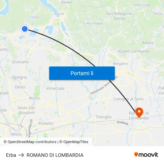 Erba to ROMANO DI LOMBARDIA map