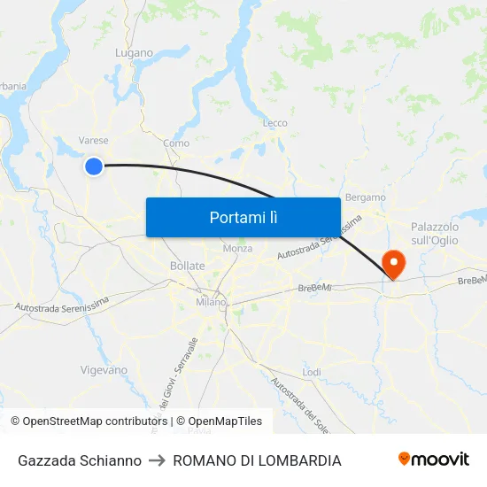 Gazzada Schianno to ROMANO DI LOMBARDIA map