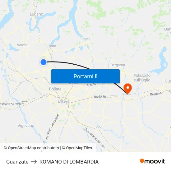 Guanzate to ROMANO DI LOMBARDIA map