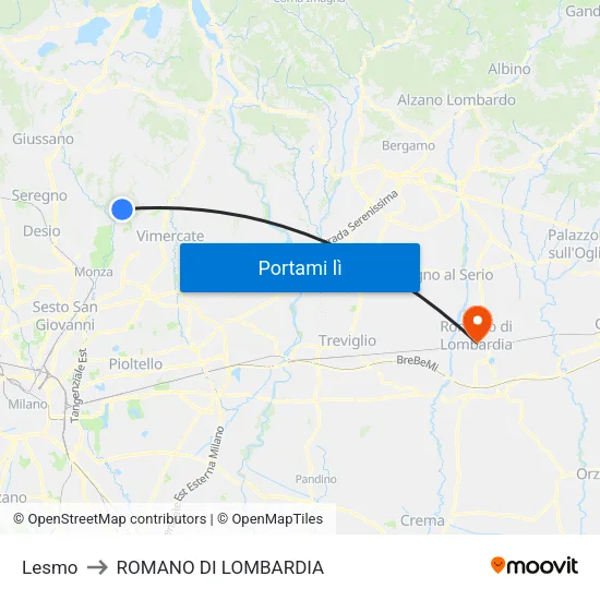 Lesmo to ROMANO DI LOMBARDIA map
