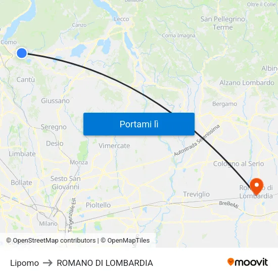 Lipomo to ROMANO DI LOMBARDIA map