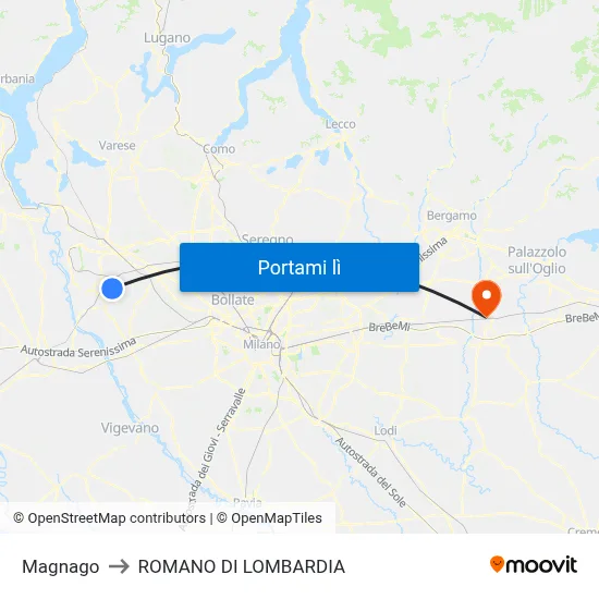 Magnago to ROMANO DI LOMBARDIA map