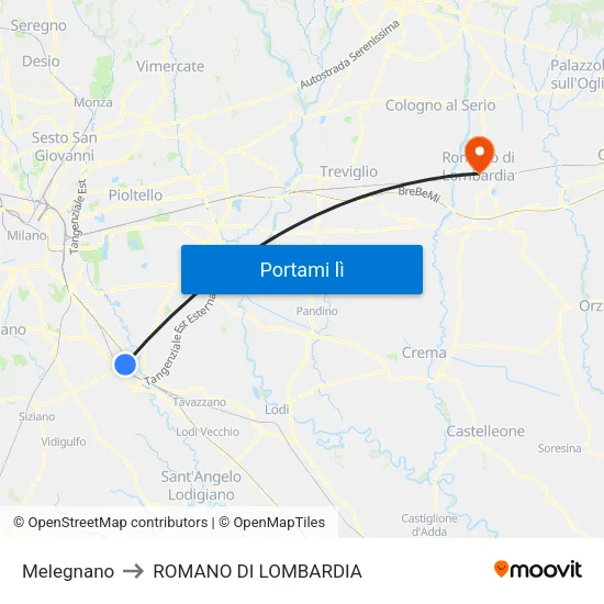 Melegnano to ROMANO DI LOMBARDIA map