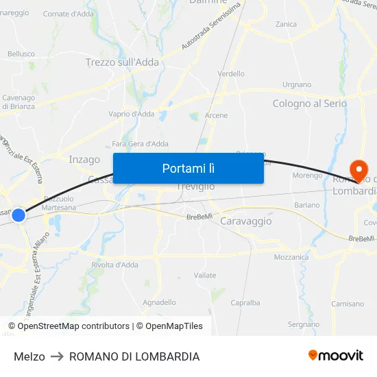 Melzo to ROMANO DI LOMBARDIA map