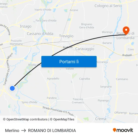 Merlino to ROMANO DI LOMBARDIA map