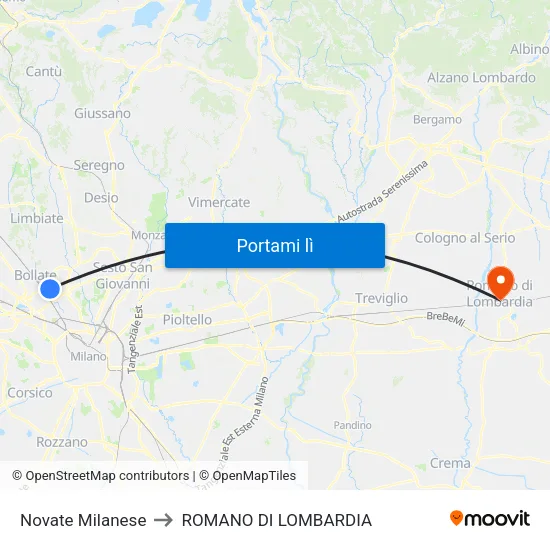 Novate Milanese to ROMANO DI LOMBARDIA map