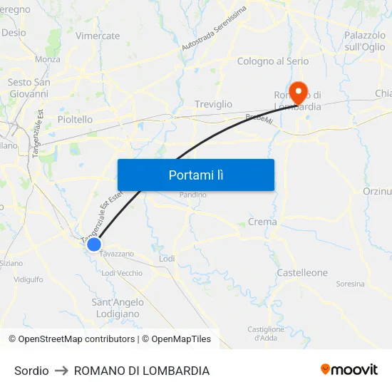Sordio to ROMANO DI LOMBARDIA map