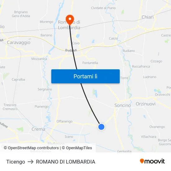 Ticengo to ROMANO DI LOMBARDIA map