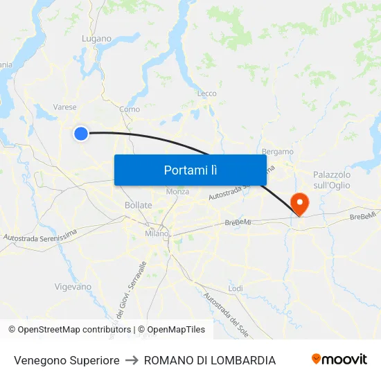 Venegono Superiore to ROMANO DI LOMBARDIA map