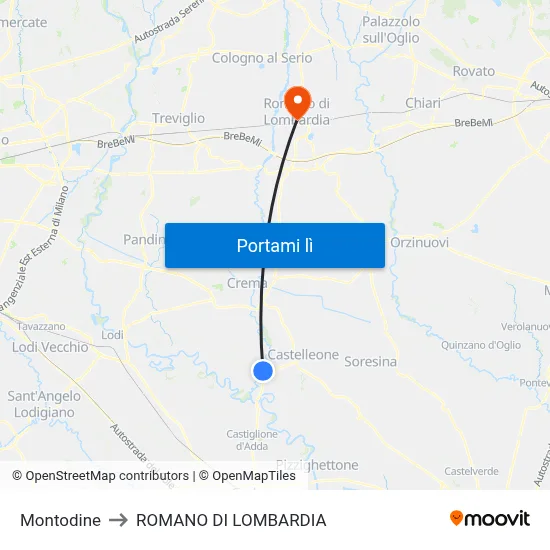 Montodine to ROMANO DI LOMBARDIA map