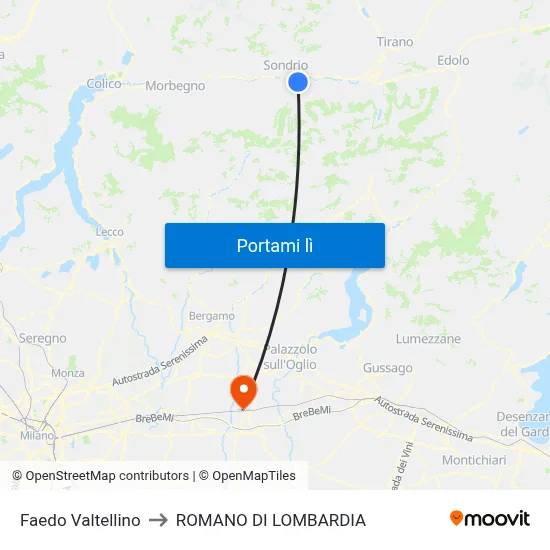 Faedo Valtellino to ROMANO DI LOMBARDIA map