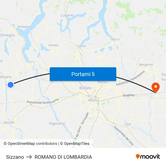 Sizzano to ROMANO DI LOMBARDIA map