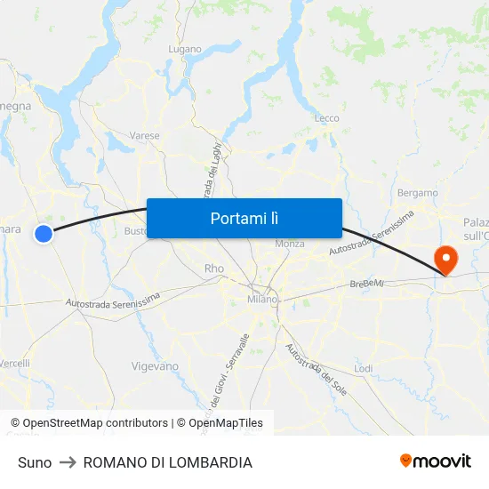 Suno to ROMANO DI LOMBARDIA map