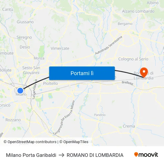 Milano Porta Garibaldi to ROMANO DI LOMBARDIA map