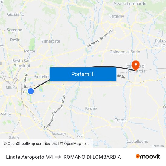 Linate Aeroporto M4 to ROMANO DI LOMBARDIA map