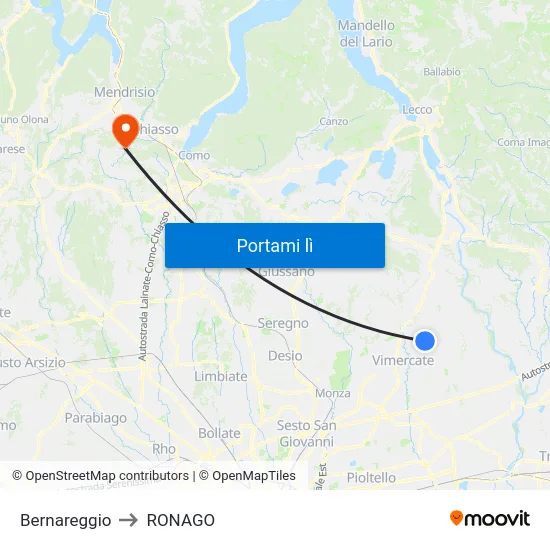 Bernareggio to RONAGO map