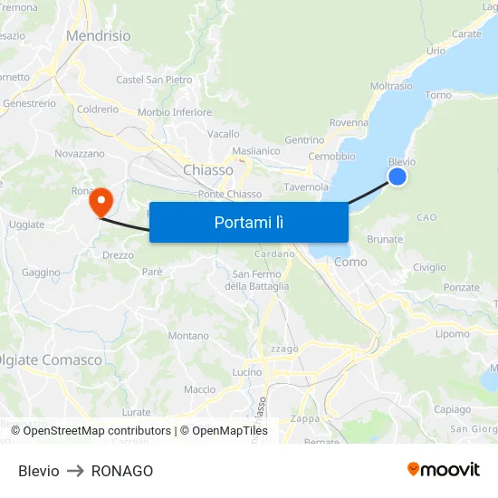 Blevio to RONAGO map