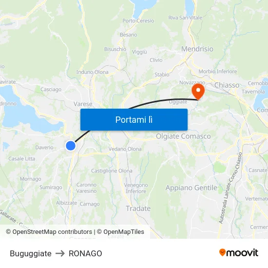 Buguggiate to RONAGO map