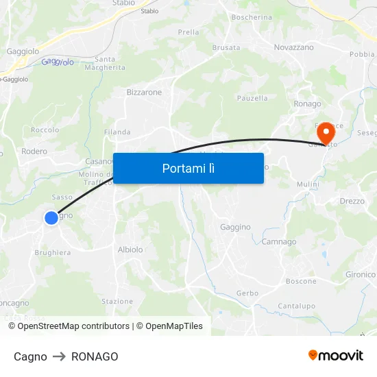 Cagno to RONAGO map